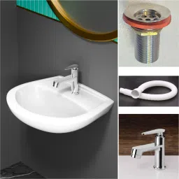 WallMount WashBasin (14*11 ROUND) With PillarTap SS Coupling Hose Pipe Wall Hung Basin-image-50