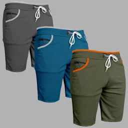 Pack of 3 Solid Men Grey, Light Blue, Green Casual Shorts-picture-28