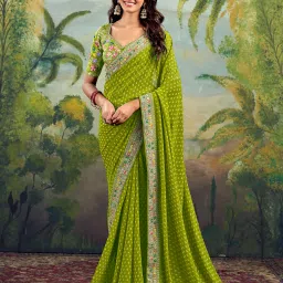 Embellished, Embroidered, Printed Bandhani Georgette, Lace Saree-image-95