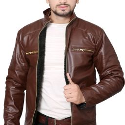 Men Solid Leather Jacket-image-12