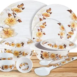 Pack of 40 Melamin Dinner Set, 40 Pieces, Service for 6, White and Yellow Dinner Set-3