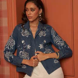 Style Island Women Floral Lightweight Embroidered Cotton Denim Jacket-40