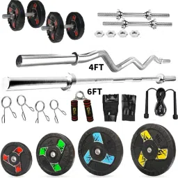 20 kg Premium Fan Rubber Plates (2.5KGx4Pc,5KGx2Pc) 4FT Curl 6FT STRT 28MM Rod, Clamps Home Gym Combo-19