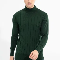 Men Self Design Turtle Neck Dark Green Sweater-image-46