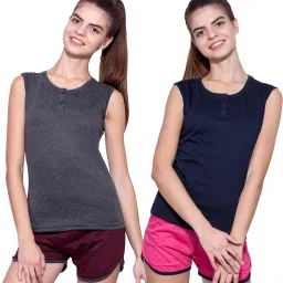 Pack of 2 Women Solid Henley Neck Pure Cotton Dark Blue, Grey T-Shirt-image-99