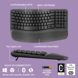 Logitech Wave Keys Bluetooth Standard Multi-device Keyboard Compatible with Desktop, Laptop, Mac Wireless Ergonomic Keyboard with Cushioned Palm Rest, Comfortable Natural Typing image 4