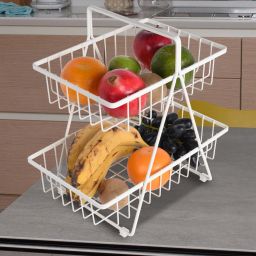 Metal 2-Tier Fruit & Vegetable Basket for Dining Table/Kitchen-White Iron Fruit & Vegetable Basket-image-85