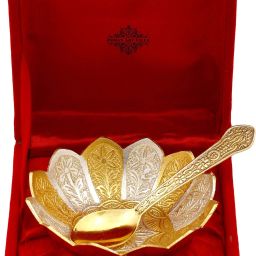 Silver Plated Gold Polished Embossed Flower Design Set Bowl Spoon Serving Set-23