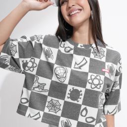 Women Printed Round Neck Cotton Blend Grey, White T-Shirt-image-1