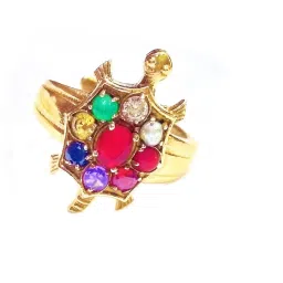 Rudra Divine Navratan Tortoise Ring Gold Plated With With Real Semi-Precious Gemstone Metal Agate, Jade, Ruby, Quartz, Crystal Gold Plated Ring-image-2