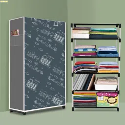 5 Shelf Foldable Collapsible Wardrobe Storage Organizer Almirah Cloth Rack Cotton Collapsible Wardrobe-image-53