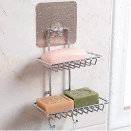 Self Adhesive Sticker 2 Tier Holder for Bathroom/ Stand/ Rack/ Soap Dish/ Stainless Steel Wall Shelf-image-58