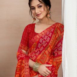Printed, Geometric Print, Embellished Bandhani Chiffon Saree-image-1