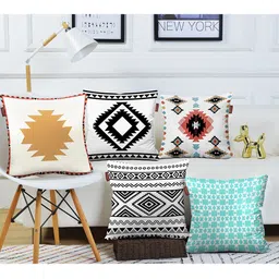 AEROHAVEN Blue & White 5 Pieces Geometric Cotton Square Cushion Covers-58
