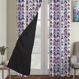 HOUZZCODE Off White & Purple Set of 2 Geometric Black Out Long Door Curtains-16