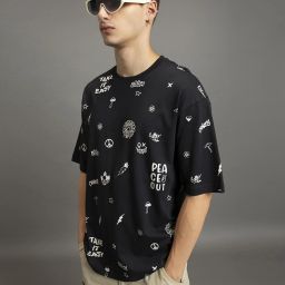 Oversized Men Printed Round Neck Pure Cotton Black T-Shirt-image-5