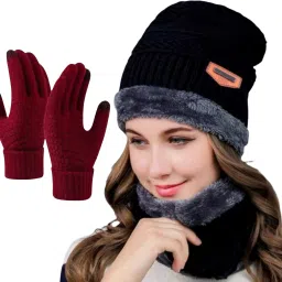women's winter woolen caps neck warmer and touchscreen gloves set for Woven Beanie-image-81