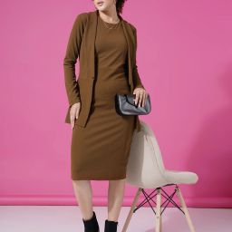 Women Bodycon Brown Knee Length Dress-image-1