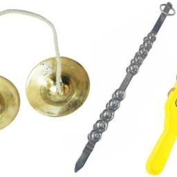 Chimta (34 inch) Manjira (3.5 inch) Brass Plated Manjeera and Hand Cymbal Jhikka (10 inch) Musical Instrument Combo Set For Kirtan and Bhajan Kartal Instrument-image-5