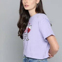 Women Printed Round Neck Cotton Blend Purple T-Shirt-image-9