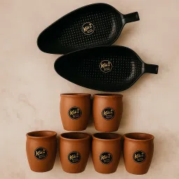 6 Cup 2 Plate Ceramic Kulhad Set Terracotta Finish with Snack Trays Cup, Chip & Dip Tray Serving Set-picture-9