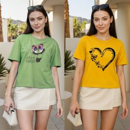 Pack of 2 Women Printed Round Neck Polyester Green, Yellow T-Shirt-image-98