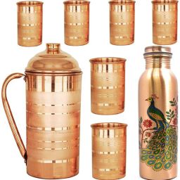 Copper Jug With Peacock Printed Copper Bottle And 6 Glass Set Jug Bottle Glass Set-image-2