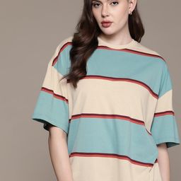 roadster Women Striped Round Neck Cotton Blend Blue T-Shirt-picture-49