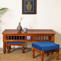 mudramark from pepperfry Mayur Sheesham Wood Nesting Coffee Table Set in Honey Oak Finish With Cushioned Stools-picture-35