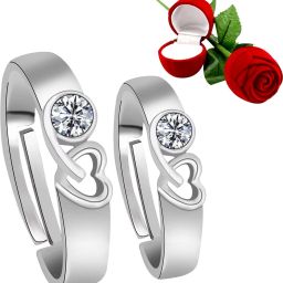 Couple Rings for lovers SilverPlated Exclusive Heart Design With Solitaire Diamond His And Her Adjustable proposal couple ring for Men And Women Jewellery Alloy Ring Set-image-13