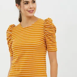 harpa basics Women Striped Round Neck Pure Cotton Yellow T-Shirt-picture-45
