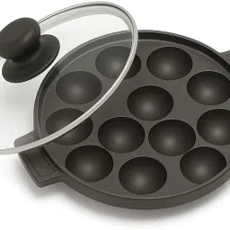 Pre-Seasoned Cast Iron 12-Pit Paniyaram Pan/Appam Patra with Glass Lid Paniarakkal Set with Lid 1.1 L capacity 20 cm diameter-11