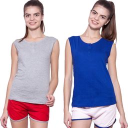 ap'pulse Pack of 2 Women Solid Henley Neck Pure Cotton Blue, Grey T-Shirt-picture-26
