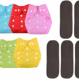 Baby Adjustable Cotton Pocket Diapers & Reusable Baby Washable Cloth Diaper with 5 Layers Charcoal Bamboo Insert-image-2
