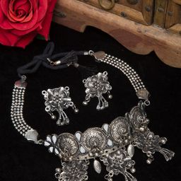 Moedbuille Silver Mirror & Ghugroo Studded Floral Oxidised Handcrafted Jewellery Set-picture-47