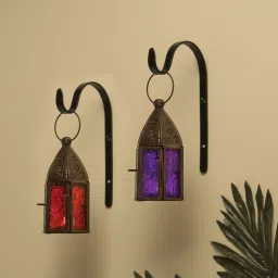 Wall Metal Decorative Antique Copper Finish Moroccan Lantern Candle Holder, Set of 2, Tealight Hanging Home Office Decor with Wall Hook, Red, Purple Metal Hanging Lantern-image-15