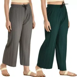 Pack of 2 Women Regular Fit Dark Green Lycra Blend Trousers-image-54