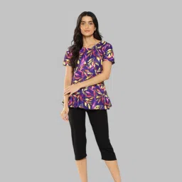 Womens Sports Wear Purple-Black Colour Leaf Print Nylon Swim Suit Printed Women Swim-dress Purple Swimsuit-image-7