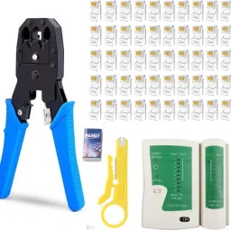 CrimpingTool with 50 RJ45Connectors Cat5,Cat5e,1LanTester,1CableCutter,1Battery Crimping Tool Kit Set 4 in 1 Manual Crimper-image-8