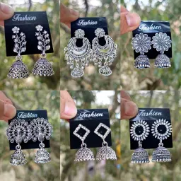 Silver Earrings Set Combo Of 6 With Evil Eye Bracelet Cubic Zirconia Alloy Chandbali Earring, Drops & Danglers, Jhumki Earring, Stud Earring-image-45