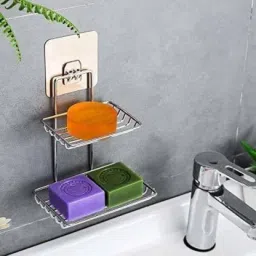 2 Layer Stainless Steel Soap Dish Holder Kitchen Bathroom Soaps Wall Rack Stand-image-12