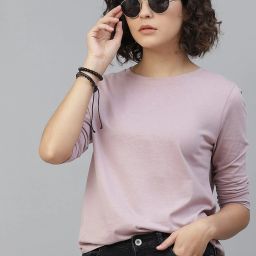 Women Solid Round Neck Cotton Blend Purple T-Shirt-image-68