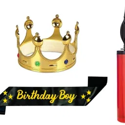 3 Pc Set Birthday Boy Sash Crown With Random Color Balloon Pump-image-38