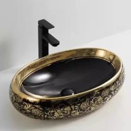 Designer Ceramic Wash Basin Vessel Sink Above Counter Top Wash Basin for Bathroom Oval Shape Golden Black Table Top Basin Table Top Basin-image-16
