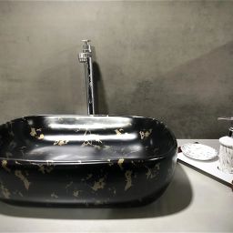 Table Top Premium Designer Ceramic N Wash Basin Black Golden Matte (18x13x5) N Table Top Basin-image-2
