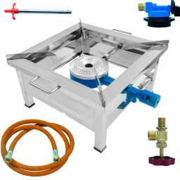 Single Burner Stainless Steel Square Bhatti with Fitted Brass Nut Hose Pipe, High Pressure Regulator, Valve and Gas Lighter (12 L X 12 W X 8 H Inch, Silver) Stainless Steel Manual Gas Stove-image-10