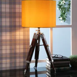 Yellow Fabric Shade Tripod Table Lamp with Brown Base by Beverly Studio-picture-15
