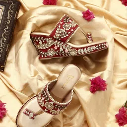 vwalk Women Slip-Ons Floral Embroidered Ethnic Wedge Heel Bridal Sandals | Heel: 3 Inches Heels Sandal-picture-41