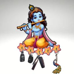 Premium Playing Krishna Flute Designer Wooden Key Hanger for Home/Office Decor Wood Key Holder-image-17