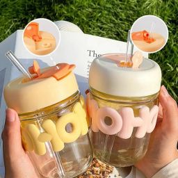 Cute HOHO Design Coffee Glass with Lid & Straw Leakproof Sipper Jar Tumbler Glass Coffee Mug-image-71